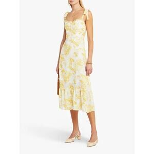Aqua Toile De Jouy Sleeveless Floral Midi Dress - 4 - Yellow/White
